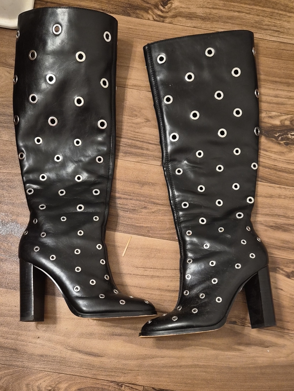 Black Grommet Knee-High Leather Boots - Women